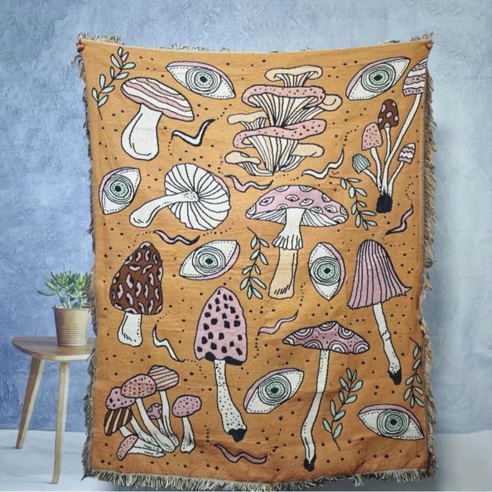 Whimsigoth Mushroom Third Eye Reversible Woven Tapestry Throw Blanket Goblincore